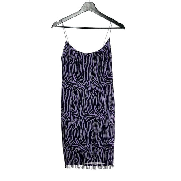 Vintage Dresses & Skirts - Vintage 90s Purple Black Zebra Print Beaded Fringe Tapered Knee Length Dress Sma